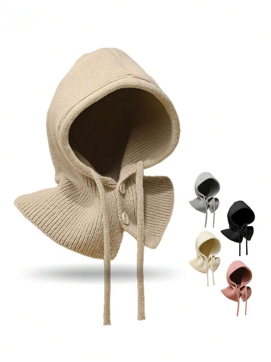 1pc Unisex Knitted Hooded Balaclava Scarf, All-In-One Warm Scarf With Adjustable Drawstring And Buttons, Autumn/Winter Warm Fashion Headwear - Button-down Balaclava Hat - View 1