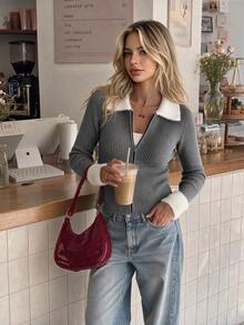 Aflion Women Fall Grey Ribbed Knit Zip Up Cardigan, Furry Collar & Cuff Long Sleeve Fitted Sweater For Date, Daily & Street Wear - Grey - View 7