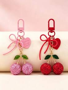 Vintage Red Rhinestone Cherry Keychain With Double Bow And Heart Pendant, Sweet Style Handbag Accessory For Girls, Comes With Gift Bag, Unique And Exquisite Gift For Best Friend - Multicolor - View 3