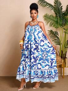 BIUBIU Elegant Plus Size Cami Maxi Dress, Boho Blue Floral Print Ruffle Hem Sundress, Sleeveless Spaghetti Strap Backless Woven Fabric For Beach Outfits - Blue - View 5