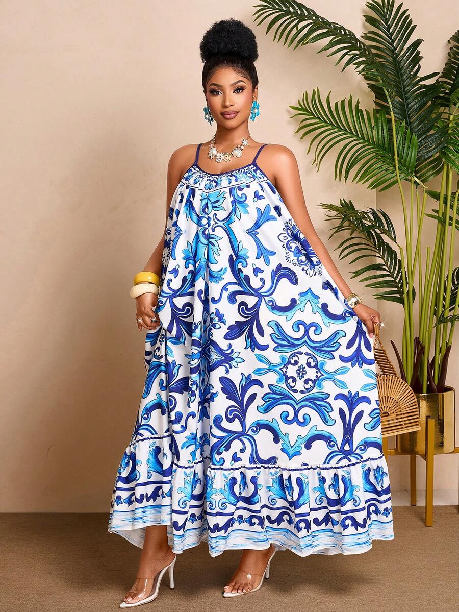 BIUBIU 女款大尺碼無袖熱帶印花細肩帶長版陽光裙,藍色花卉設計配荷葉邊裙襬,寬鬆版型吊帶洋裝 - 藍色 - 查看 1