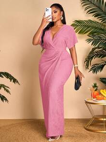 BIUBIU Women's Pink Plus Size Long Dress, Featuring A Flattering V-Neck And Batwing Short Sleeves With Ruched And Split Details, Fitted Knitted Fabric - Watermelon Pink - View 6