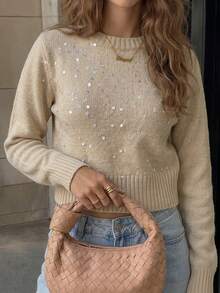 JustMiss Women's Crew Neck Long Sleeve Knit Short Loose Casual Colorful Sequin Pullover Sweater Spring Autumn - Khaki - View 5