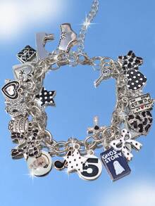 1pc Dark Gothic Charm Bracelet, Polka Dot Star Leopard Print Heart Bracelet, Dark Cherry Ghost Party Bracelet - Black and White - View 9