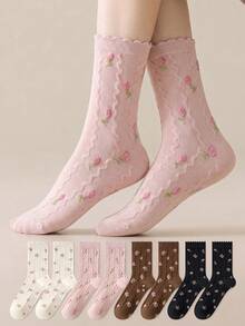 ZUJO 4 Pairs Sweet Women's Lace Mid-Calf Socks, Ditsy Floral Pattern With 3D Textured Cable Knit, Simple And Comfortable, Suitable For Spring, Autumn And Winter Wear - Multicolor - View 1