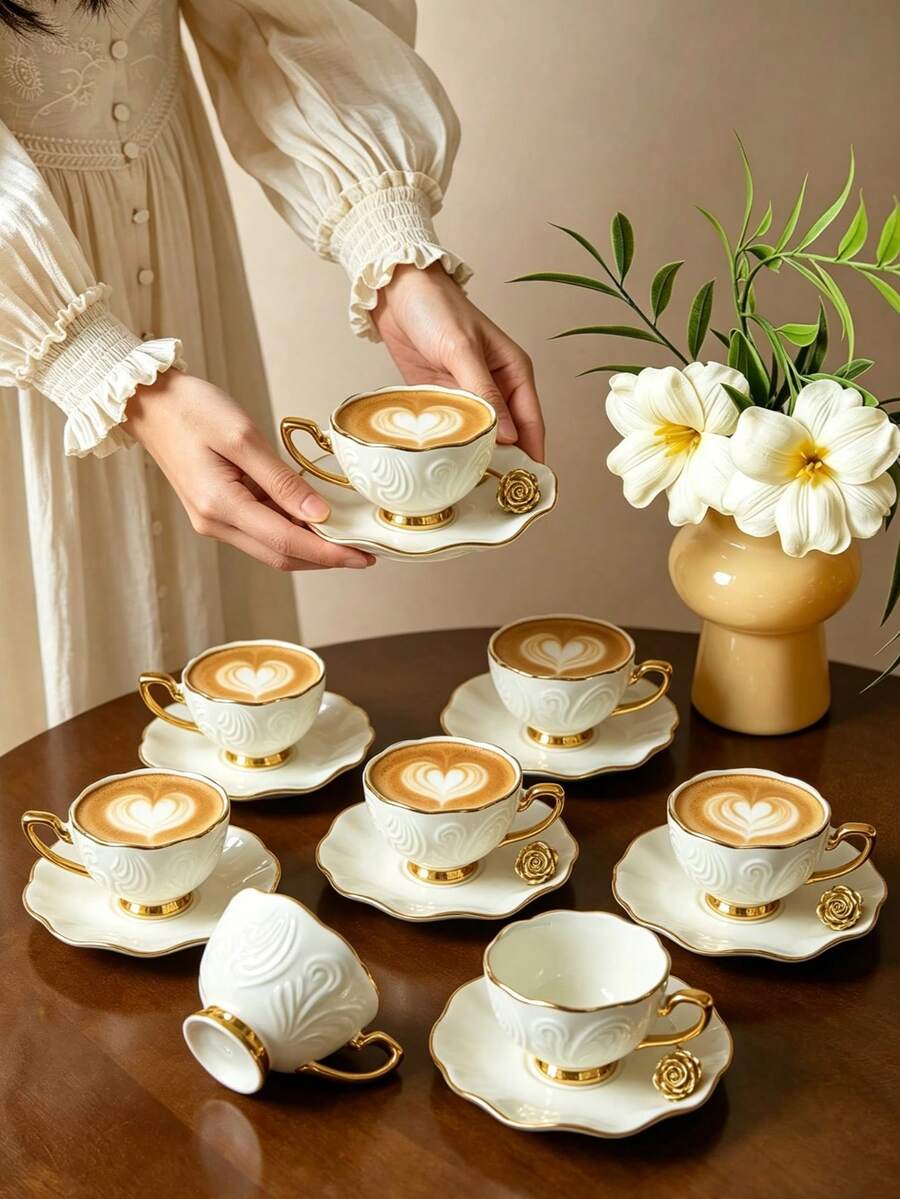 Set 6 Buah / Set 1 Buah: Set Cangkir dan Tatakan Kopi Keramik Mawar 3D 90ml, Cocok untuk Digunakan di Microwave dan Mesin Pencuci Piring, Termasuk Cangkir Espresso dan Cangkir Kopi Arab. Sempurna untuk Teh Sore, Kafe, Dapur, dan Dekorasi Rumah; Hadiah yang Ideal. - MultiWarna - View 1