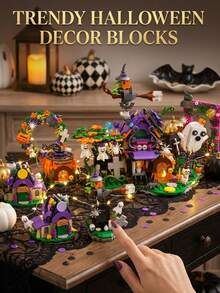 Halloween 6-In-1 Building Blocks Set, Spooky Haunted House Brick Toy With Witch, Ghost, And Pumpkin Models, Fine Motor Skills, Educational Spatial Brain Training Toy, Birthday/Halloween DIY Party Decoration & Holiday Gift For Kids And Adults - Multicolor - View 2