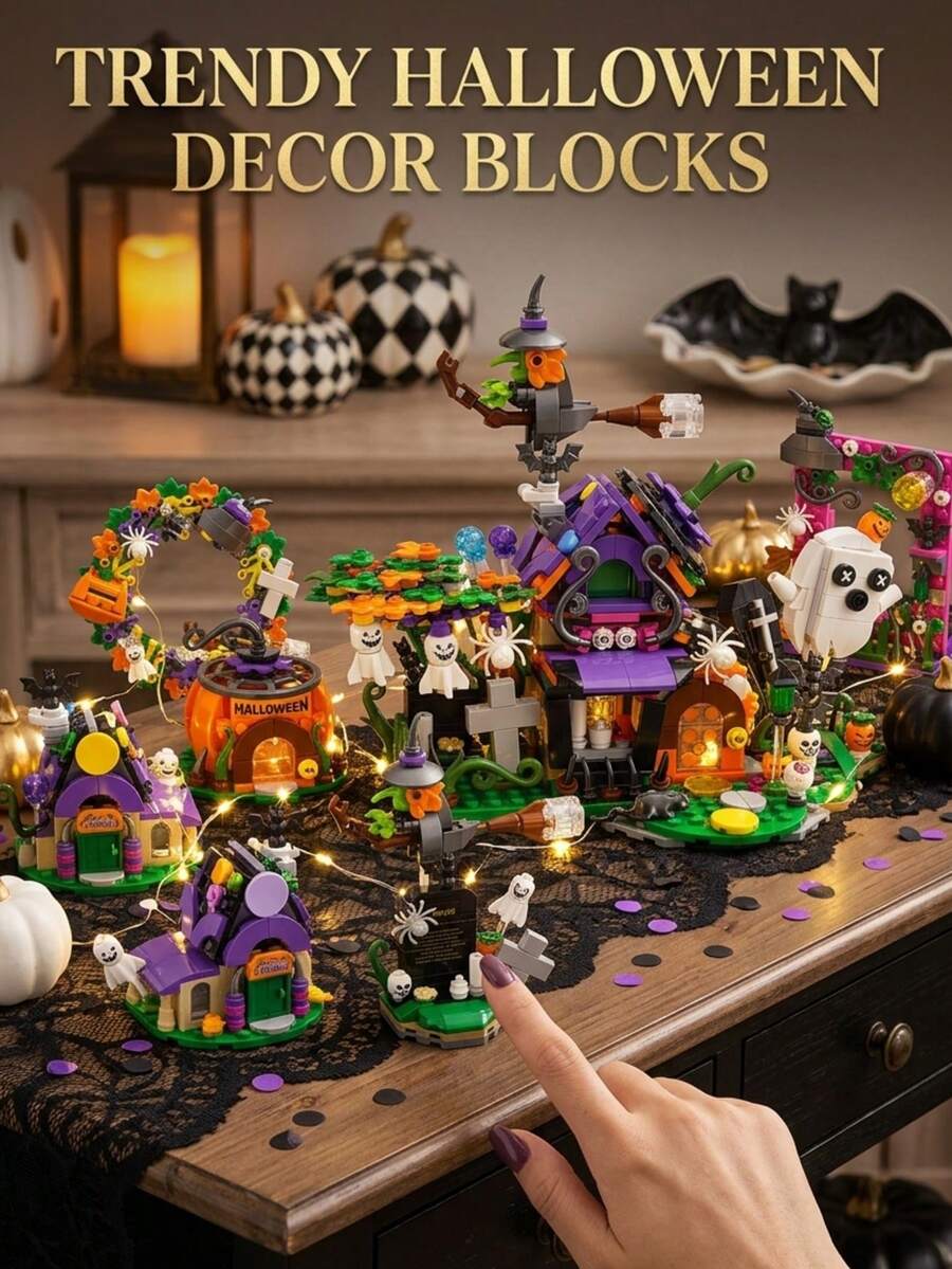 Halloween 6-In-1 Building Blocks Set, Spooky Haunted House Brick Toy With Witch, Ghost, And Pumpkin Models, Fine Motor Skills, Educational Spatial Brain Training Toy, Birthday/Halloween DIY Party Decoration & Holiday Gift For Kids And Adults