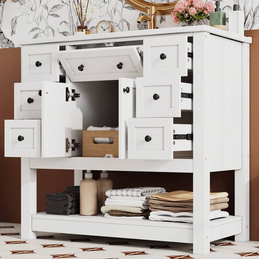 Bathroom Vanity Made Of Wood With 6 Drawers With Storage Foldable White - White - View 1