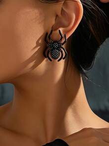 1 Pair Women's Exaggerated Full Rhinestone Black 3D Spider Stud Earrings, Dark Gothic Style, Suitable For Halloween Costume Party Wear - Black - View 2