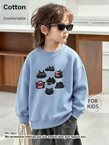 Children's Crew Neck Sweatshirt, Multi-Expression Black Cat Print Pure Cotton Pullover, Soft Casual Long Sleeve Top - Blue - View 3