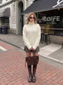 JustMiss Women's High Neck Long Sleeve Knitted Drop Shoulder Loose Fit Vintage Lazy Pullover Sweater, Autumn/Winter - Apricot - View 3
