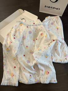 Random Cartoon Print Cute Style Cardigan Pajamas Women's New Ruffle Hem Comfortable Loungewear 2 Pieces Set - White - View 2