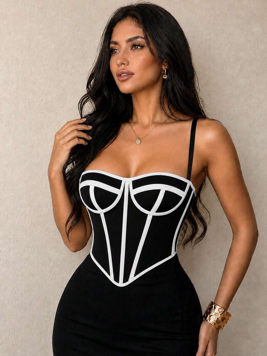 Apperloth A Y2K Women's Summer Fitted Corset Top With Boning Support, Mesh Metal Eyelet Lace-Up Backless Spaghetti Strap Style Bodycon Cropped Camisole, Rave Festival - Black and White - View 1