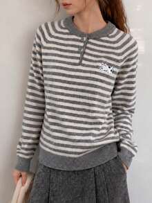 Women's New Autumn/Winter Classic Striped Fun Cartoon Embroidered Pullover Sweater - Light Grey - View 4