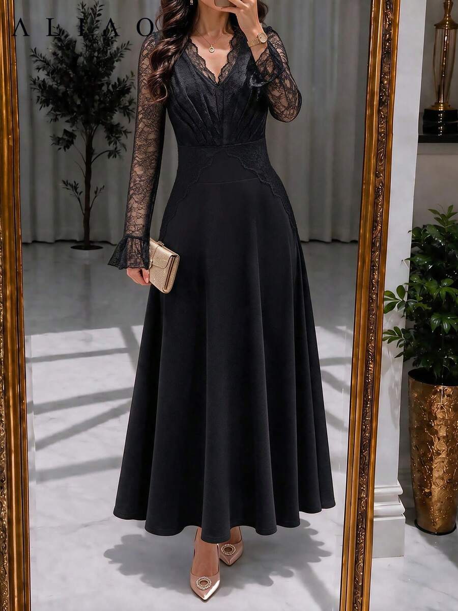 Aliao Elegant Lace Patchwork V-Neck Long Sleeve Midi Dress, Suitable For Date, Party, Vacation, Autumn/Winter