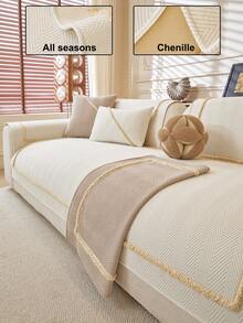1PC Solid Color Premium Chenille Sofa Cover, Anti-Slip Protection For Living Room Sofa, Suitable For 1-4 Seater Sofa, White Textured Fabric For All Seasons, Living Room Essential | Minimalist Style Sofa Cover | Snug Fit Design, Dedicated Sofa Cover - Beige - View 1