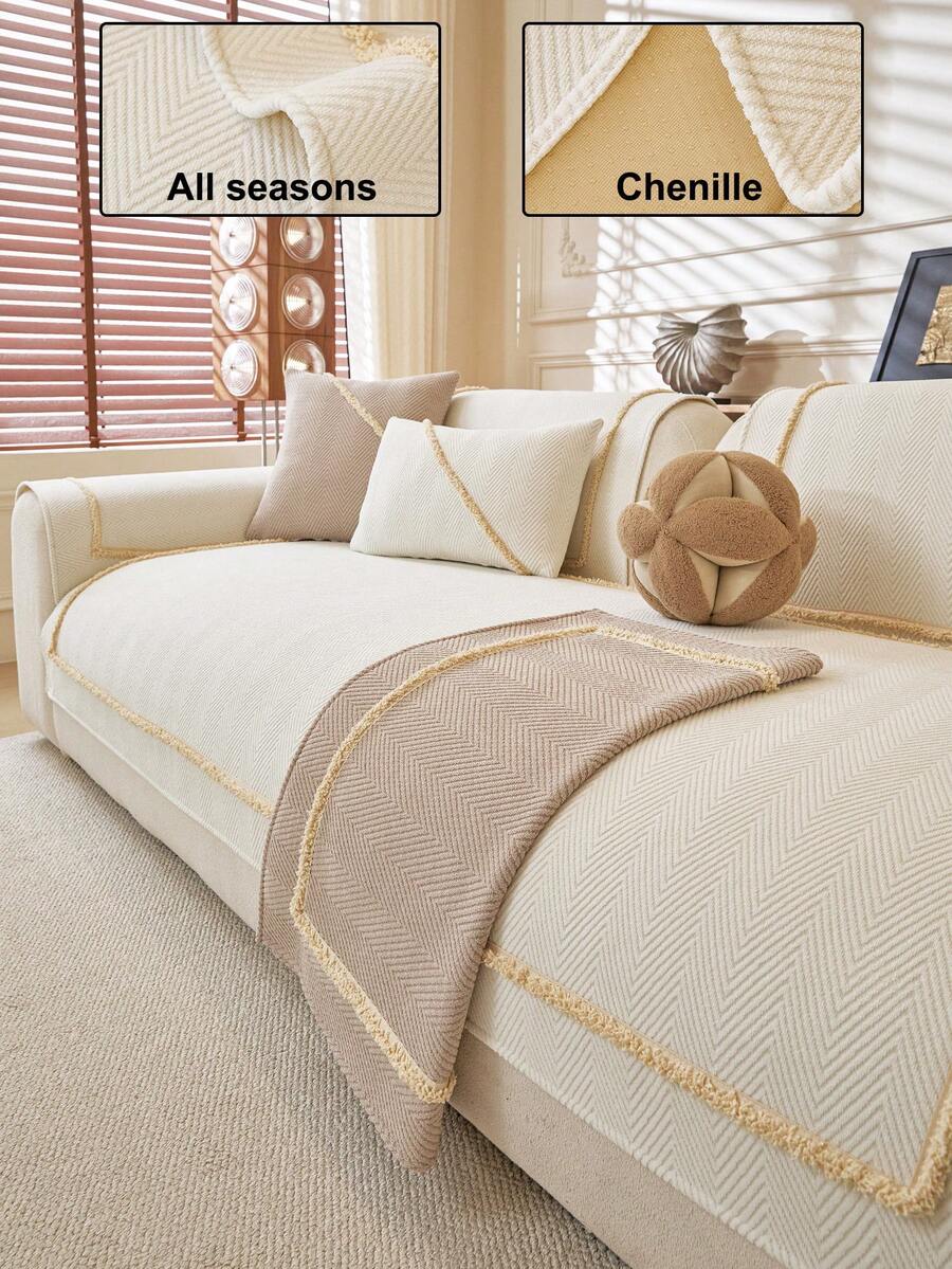 1PC Solid Color Premium Chenille Sofa Cover, Anti-Slip Protection For Living Room Sofa, Suitable For 1-4 Seater Sofa, White Textured Fabric For All Seasons, Living Room Essential | Minimalist Style Sofa Cover | Snug Fit Design, Dedicated Sofa Cover - Beige - View 1