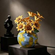 1pc Handmade Globe Pattern Ceramic Vase, Creative Round Textured Vase, Modern Aesthetic Desktop Ornament, Decorative Flower Vase For Living Room Bedroom Office Home Table Decor - Multi-color - View 5