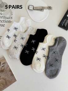 5/10 Pairs Women's Short Socks, Bow & Floral Pattern Mid-Calf Socks, Suitable For All Seasons, Random Colors, Women's Socks, Student Socks, Women's Boat Socks, Autumn Socks, Suitable For Home And Travel Use, Christmas Gift - Multicolor - View 4