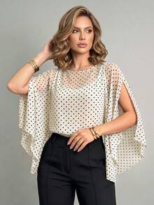 ANCHOSE Women's Black & White Polka Dot Sheer Chiffon Cover Up, Gentle And Intellectual Style For Commuting, Spring/Summer Vacation, French Girl Style - Apricot - View 1
