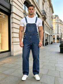 Men's Dark Blue Denim Dungarees Adjustable Straps Work Overalls - Navy Blue - View 14