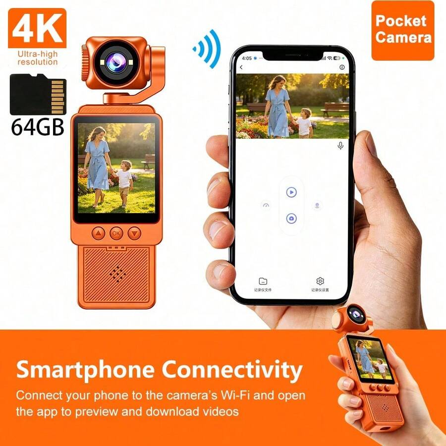 4K Wifi Digital Camera, Dv Camera, 180° Rotating Lens, With Flash, 1080P Ultra-Clear, Motion Stabilization, One-Click Recording/Video Shooting, Wifi Mobile Phone Connection, Equipped With 64Gb Sd Card