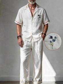 GOLDREDY Bird & Floral Print Linen Men's Breathable Collared Shirt And Drapey Floor-Length Wide Leg Pants Beach Casual 2 Pieces Set - White - View 2