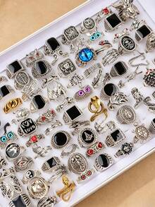15 Pcs Vintage Gothic Punk Rings Set, Antique‑Silver Animal Claw Dragon Carved Black Oil Drop Red Rhinestone Stackable Finger Rings For Men - Vintage Engraved Drip Ring - View 1