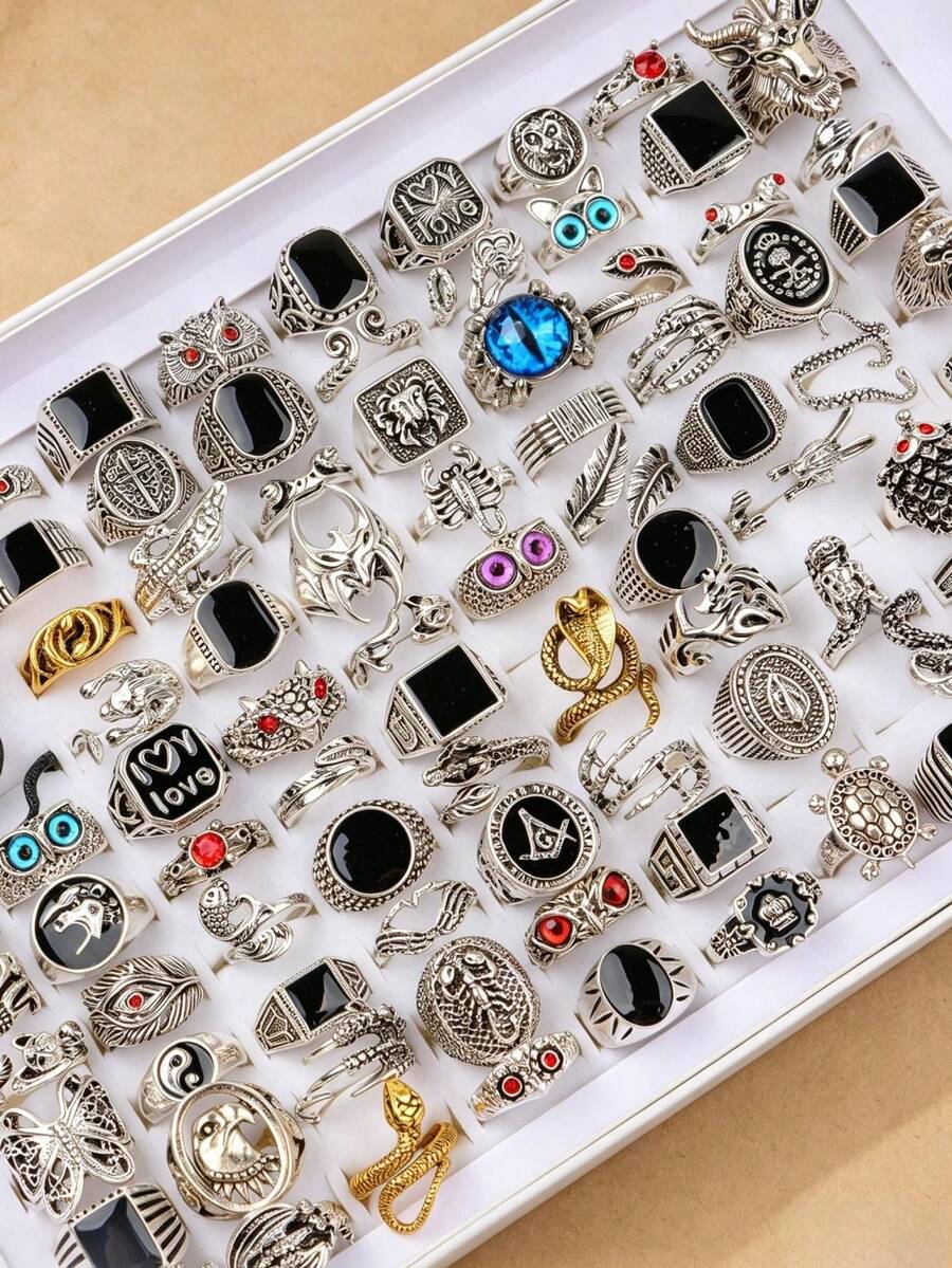 15 Pcs Vintage Gothic Punk Rings Set, Antique‑Silver Animal Claw Dragon Carved Black Oil Drop Red Rhinestone Stackable Finger Rings For Men - Vintage Engraved Drip Ring - View 1