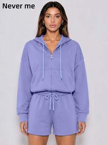 Never me Women's Sports Set Full Zip Short Hoodie & Drawstring High Waist Shorts 2 Pieces Casual Fitness Outfit - Dusty Blue - View 6