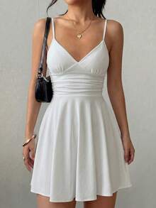 Sexy Fashion Versatile Daily Adjustable Spaghetti Strap Ruched Waist Ruffle Hem A-Line Mini Dress Spring Summer New Elegant White - White - View 4