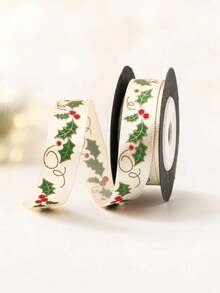 1pc Vintage Holly Print Fabric Ribbon, Suitable For Gift Wrapping, Holiday Party Celebration Bow Decoration, Also Can Be Used For Sewing DIY Handmade Crafts - Multicolor - View 8