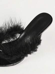 Women's Fluffy Feather Decor Thong High Heel Mule Shoes, Round Toe Open Toe Slip-On Stiletto High Heel Sandals, Party Evening Dress Shoes - Black - View 8