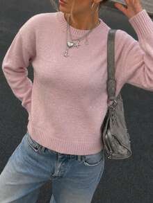 Women's Pink Knitted Sweater, Drop Shoulder Long Sleeve, Regular Fit Pullover, Suitable For Autumn/Winter - Pink - View 3
