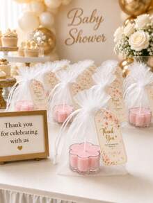 1/6/12 Sets Light Pink Floral Candles Party Favors, Includes Organza Bags And Thank You Cards, Suitable For Baby Shower, Baptism, First Communion And Birthday Guest Gifts - Pink - View 3
