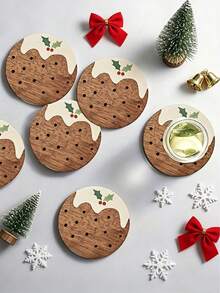 8pcs/4pcs Holiday Christmas Pudding Wooden Coasters - Featuring Custom Holiday Patterns With Meat Pies And Snowflakes,Perfect For Home,Office,Cafe Or Tea Room Decoration And Holiday Table Setting/Holiday Coasters/Wooden Coasters,Christmas Table Decor - View 6