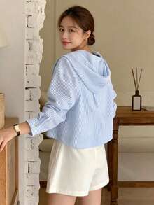 Korean Chic Striped Contrast Color Single Breasted Loose Fit Long Sleeve Hooded Sun Protection Shirt For Women, Summer Spring - Blue - View 4