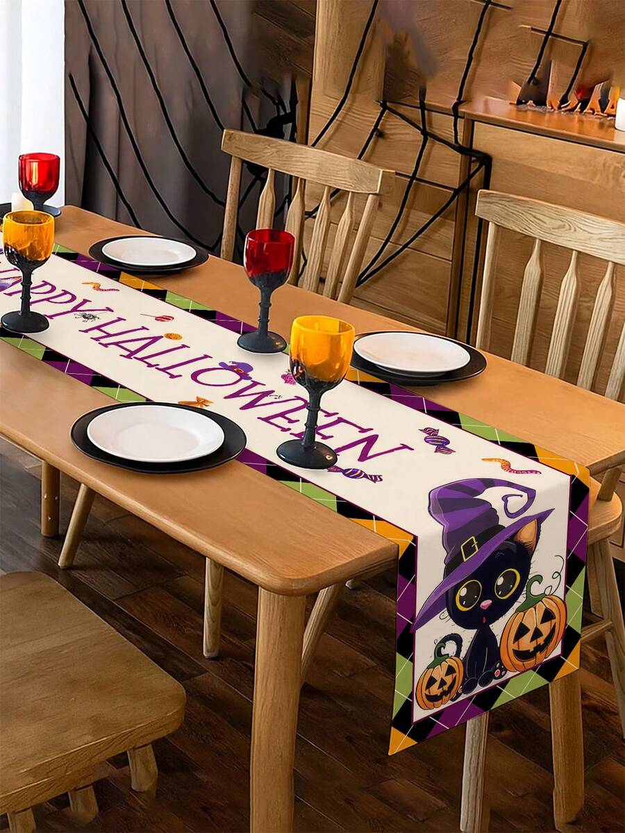 1pc, Halloween-Themed Table Runner, Microwave Dust Cover, Protective Cover, Rectangular Tablecloth, Washable, Suitable For Family Dinners, Coffee Tables, Kitchen And Dining Room Decorations, Table Decorations, Party And Scene Decorations, Home Decor, Outdoor Patio Table Runner Decorations, Entryway Decorations, Fireplace Mantle Decorations. - Multicolor - View 1