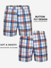 1pc Men's Underwear, Soft And Comfortable Plaid Pattern Design Loose Fit Boxer Shorts With Button Fly, Suitable For Daily Wear And Vacation - Multicolor - View 2