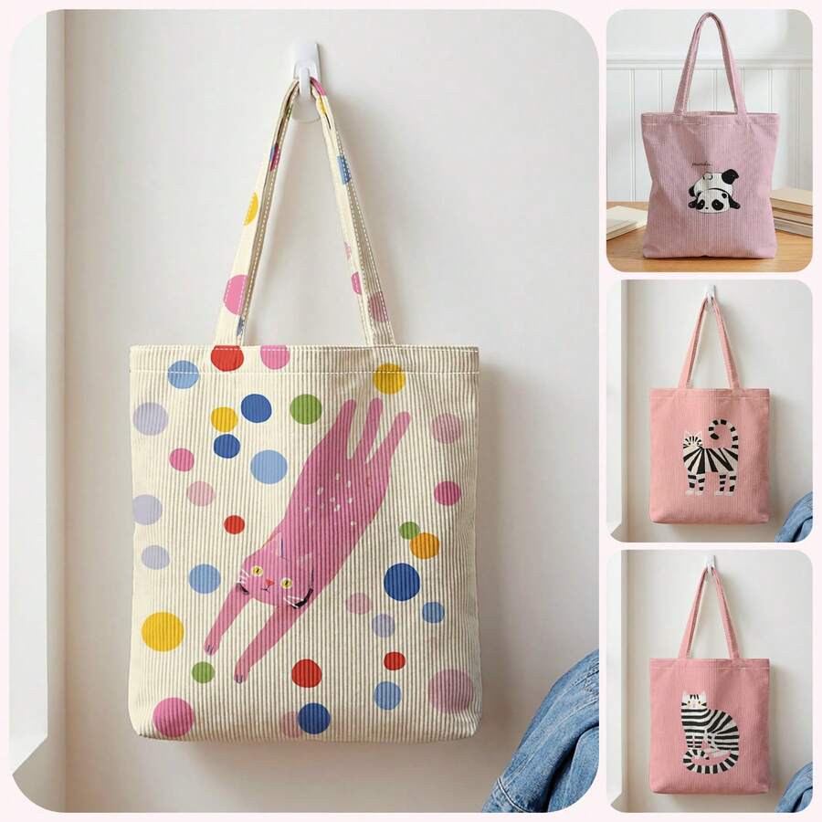 1Pc Cartoon Pandas And Cat Print Corduroy, Large‑Capacity Reusable Open‑Top Tote Shoulder Handbag For School Sports Daily Shopping For Girls Or Gifts - Multicolor - View 1