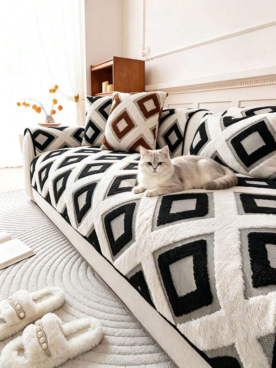 SANMOSPIN 1PC Solid Color Plush Sofa Cover - Modern Non-Slip Warm Sofa Protector, Soft Cotton Plush Material Sofa Cushion, Suitable For 1-4 Seater Sofa - Machine Washable Polyester Home Decor - Black - View 1