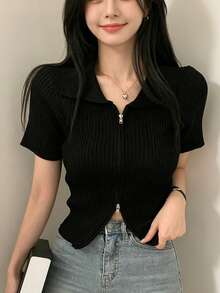 YCYC Spring/Summer Casual Solid Color Short Sleeve Double Zipper Cardigan - Black - View 3