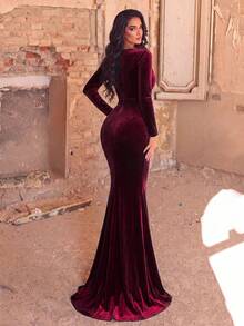 Faeriesty Women's Elegant Deep V-Neck Mermaid Evening Gown, Long Sleeve With Train -. Party Spring Fall Wedding - Maroon - View 2