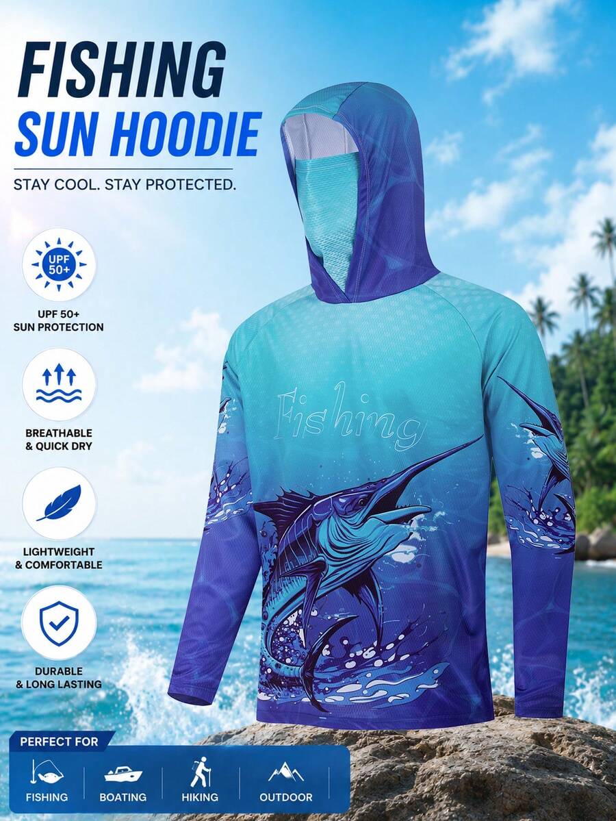 Men's Outdoor Shirt, Made Of Quick-Dry Fabric, Long Sleeve Design, With Sun Protection Hood Fall Sports - Multicolor - View 1