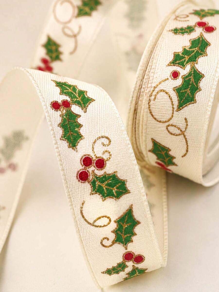 4.5m Vintage Holly Print Ribbon, Suitable For Gift Wrapping, Holiday Party Celebration Bow Decoration, Also For Sewing DIY Handmade Crafts - A - View 1