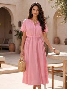 Spring Summer Autumn Vintage Literary Fresh Lace Trim Decorated Cinched Waist Button Short Sleeve Pocket Mid-Length Dress, Pastoral Style Elegant - Pink - View 2