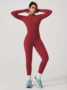 TimeOff Women's 1pc Solid Color Stand Collar Zipper Thumb Hole Long Sleeve Slim Fit Sports Jumpsuit - Red - View 7