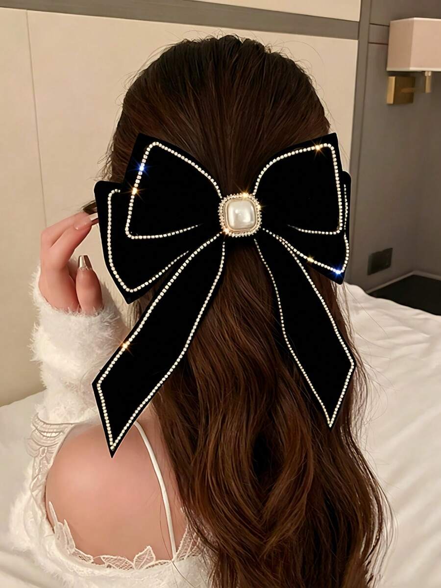 1pc Women Elegant Velvet Bow Hair Clip, Rhinestone & Faux Pearl Decor Long Streamer Hair Barrette - Black - View 1