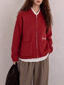 Women's Autumn/Winter Minimalist Letter Embroidered Knit Cardigan Jacket - Red - View 5